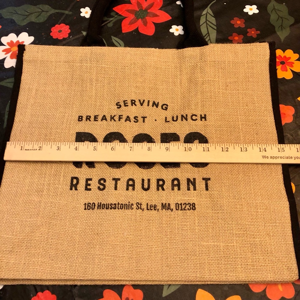 Roses Restaurant burlap and Tote bag with black rope handle - Picture 3 of 6